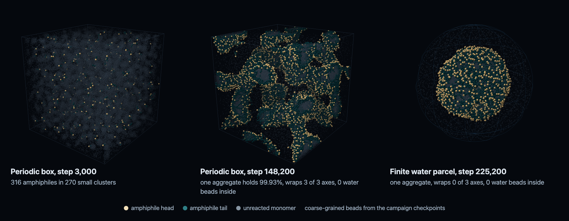 Three snapshots: an early soup with 316 amphiphiles in 270 clusters; the same periodic box at step 148,200 with one aggregate that wraps all three axes; a finite water parcel with one aggregate that wraps none. None traps water.
